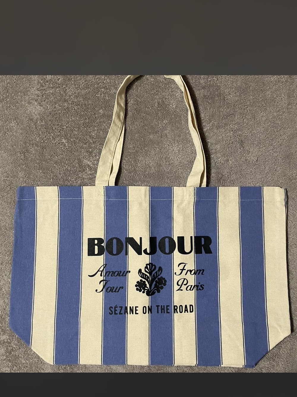Sézane Blue and Cream Striped Bonjour Canvas Tote